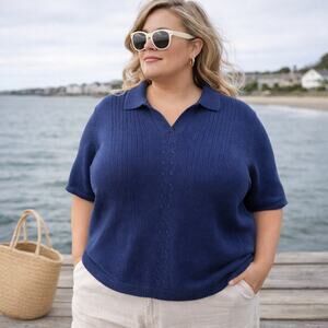 Y2K Stitches in Time Polo Sweater Sz 2X Preppy Coastal Grandma Cable Knit